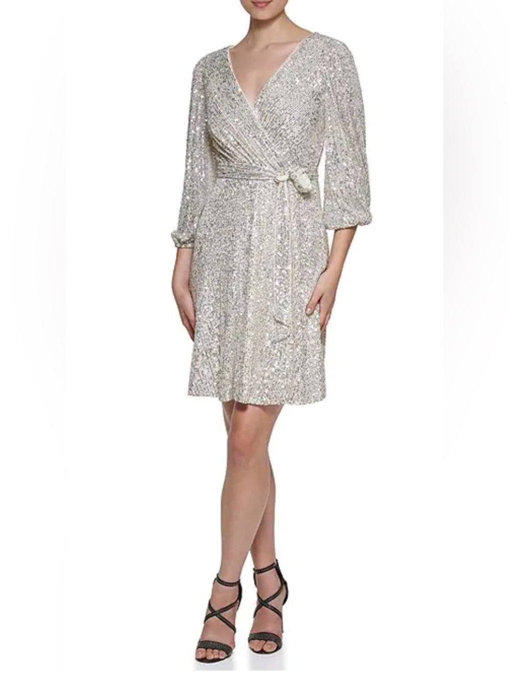 DKNY Silver Sequin Wrap-Style Dress